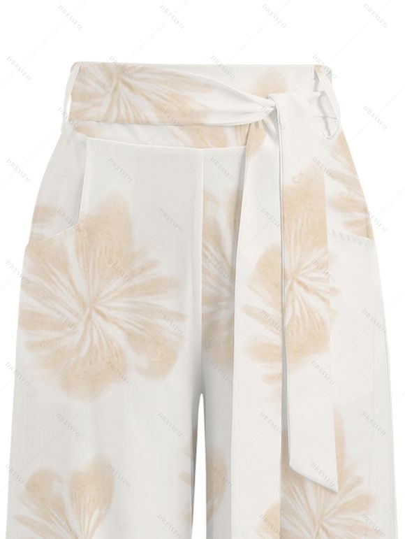 Vacation Couple Outfit Skew Neck Tank Top Tropical Banana Leaf Print Belt Pants and Shirt Shorts Set - Blanc S | US 4