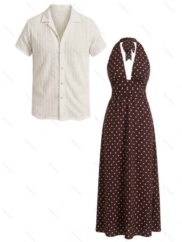 Vintage Vacation Couple Outfit Polka Dots Print Open Back Maxi Halter Dress and Textured Shirt Set - multicolor S | US 4