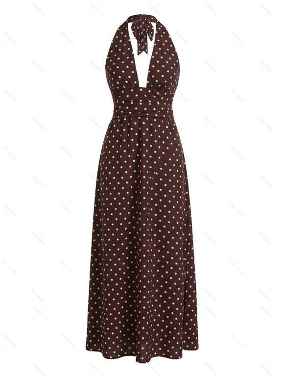 Vintage Vacation Couple Outfit Polka Dots Print Open Back Maxi Halter Dress and Textured Shirt Set - multicolor S | US 4
