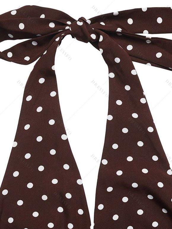 Vintage Vacation Couple Outfit Polka Dots Print Open Back Maxi Halter Dress and Textured Shirt Set - multicolor S | US 4