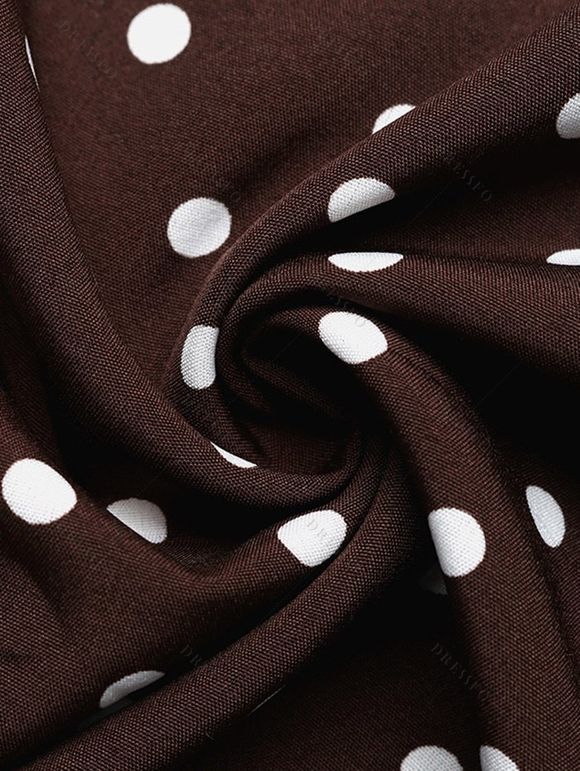 Vintage Vacation Couple Outfit Polka Dots Print Open Back Maxi Halter Dress and Textured Shirt Set - multicolor S | US 4