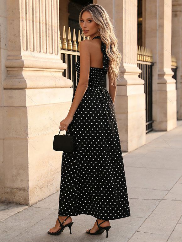 Vintage Vacation Dress Polka Dots Print Open Back Maxi Retro Halter Dress - Noir XL | US 12