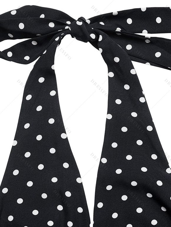 Vintage Vacation Dress Polka Dots Print Open Back Maxi Retro Halter Dress - Noir XL | US 12