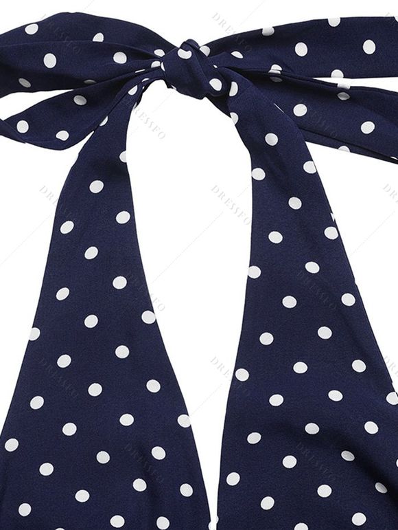 Vintage Vacation Dress Polka Dots Print Open Back Maxi Retro Halter Dress - Bleu profond XL | US 12