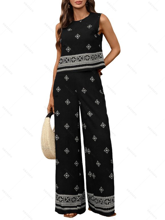Vintage Vacation Outfit Geometric Ethnic Print Tank Top and Wide Leg Pants Set - Noir XL | US 10