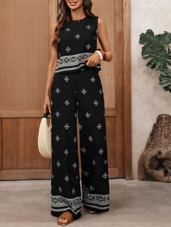 Vintage Vacation Outfit Geometric Ethnic Print Tank Top and Wide Leg Pants Set - Noir XL | US 10