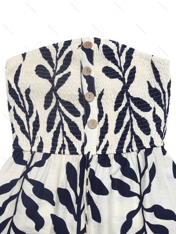 Fresh Style Vacation Romper Leaf Silhouette Print Smocked Tied Mock Button Off the Shoulder Romper - Beige XL | US 10