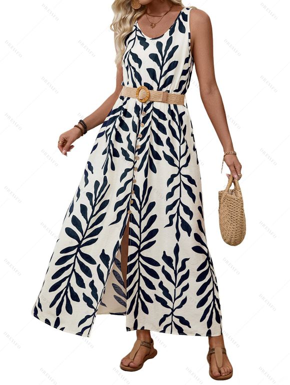 Vacation Dress Tropical Leaf Print Mock Button Belt Slit Maxi Dress - Beige XL | US 10
