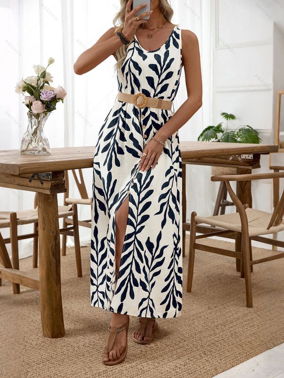 Vacation Dress Tropical Leaf Print Mock Button Belt Slit Maxi Dress - Beige XL | US 10