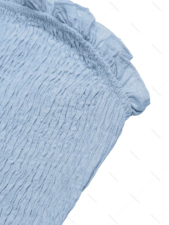 Vacation Romper Solid Color Smocked Ruffle Off the Shoulder Belt Romper - Bleu Poudre XL | US 10