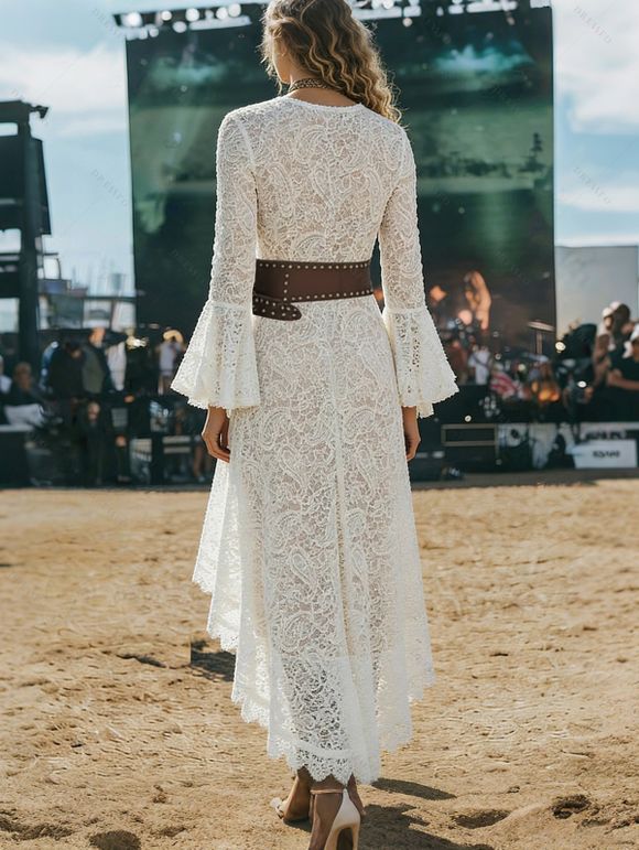 Vintage Western Style Lace Dress Scalloped Ruffled Hem Flare Sleeve High Low Dress - Blanc de Crème XXL | US 14