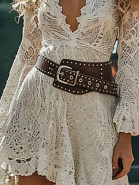 Vintage Western Style Lace Dress Scalloped Ruffled Hem Flare Sleeve High Low Dress - Blanc de Crème XXL | US 14