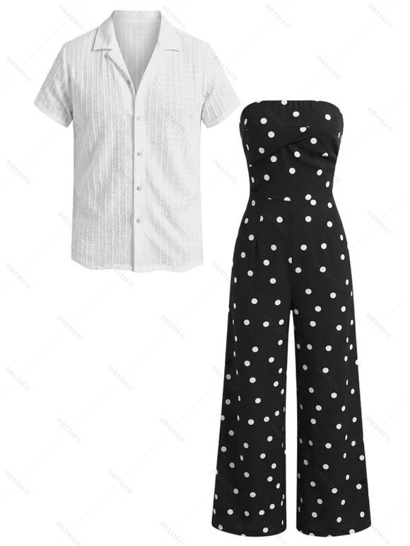 Vintage Vacation Couple Outfit Polka Dots Print Ruched Off the Shoulder Wide Leg Jumpsuit and Geometric Hollow Out Shirt Set - Noir S | US 4