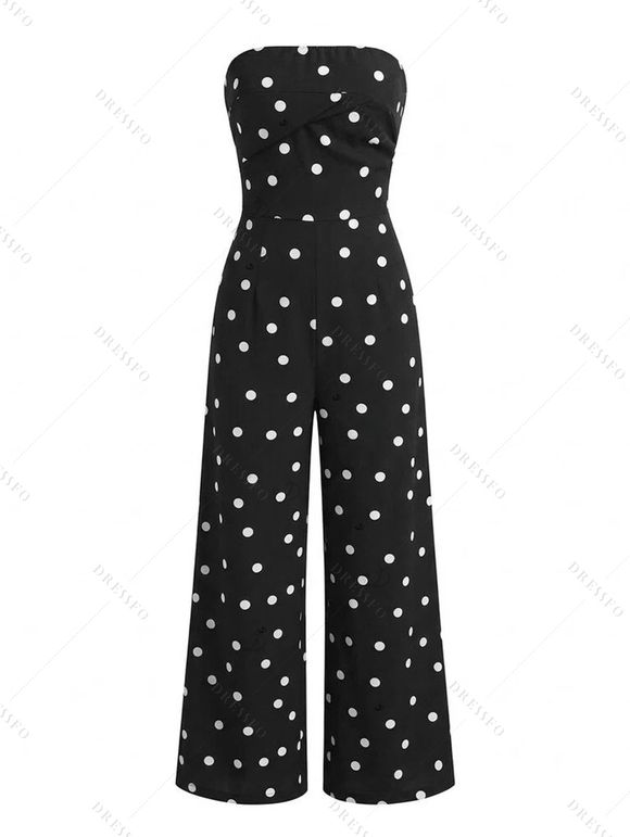 Vintage Vacation Couple Outfit Polka Dots Print Ruched Off the Shoulder Wide Leg Jumpsuit and Geometric Hollow Out Shirt Set - Noir S | US 4