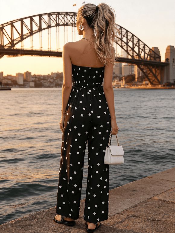 Vintage Vacation Couple Outfit Polka Dots Print Ruched Off the Shoulder Wide Leg Jumpsuit and Geometric Hollow Out Shirt Set - Noir S | US 4