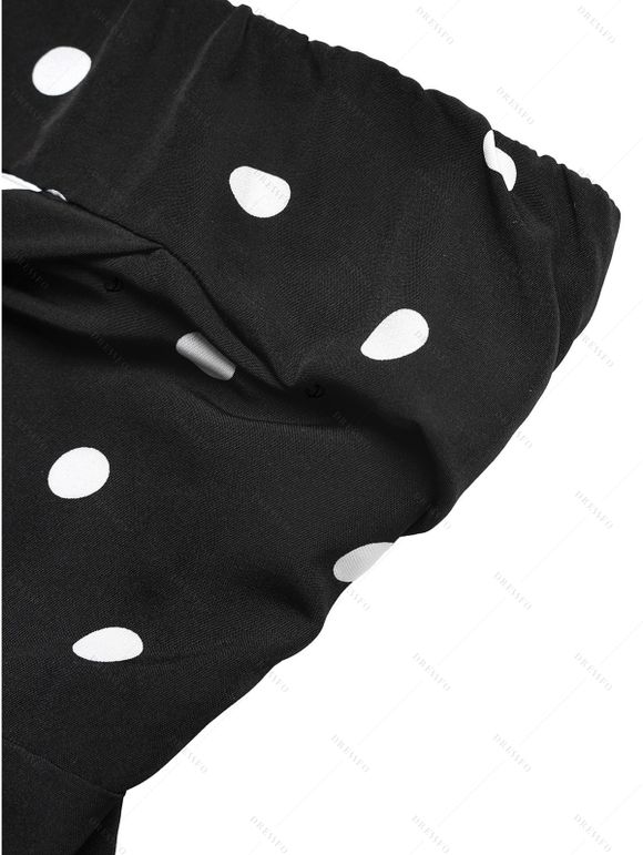 Vintage Vacation Couple Outfit Polka Dots Print Ruched Off the Shoulder Wide Leg Jumpsuit and Geometric Hollow Out Shirt Set - Noir S | US 4