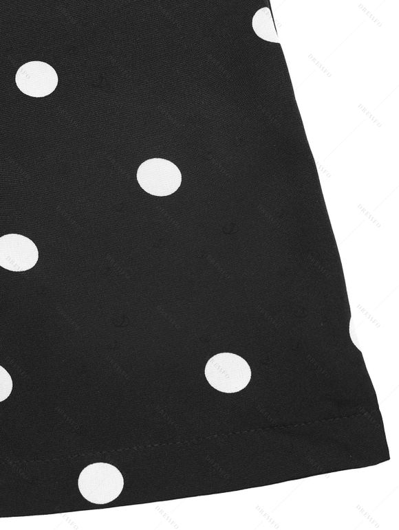 Vintage Vacation Couple Outfit Polka Dots Print Ruched Off the Shoulder Wide Leg Jumpsuit and Geometric Hollow Out Shirt Set - Noir S | US 4