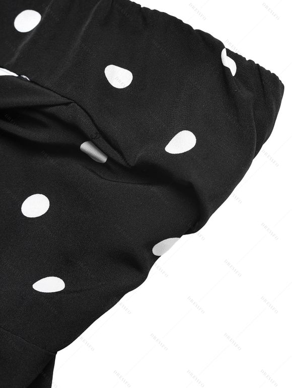 Vintage Vacation Jumpsuit Polka Dots Print Ruched Off the Shoulder Wide Leg Jumpsuit - Noir XL | US 12