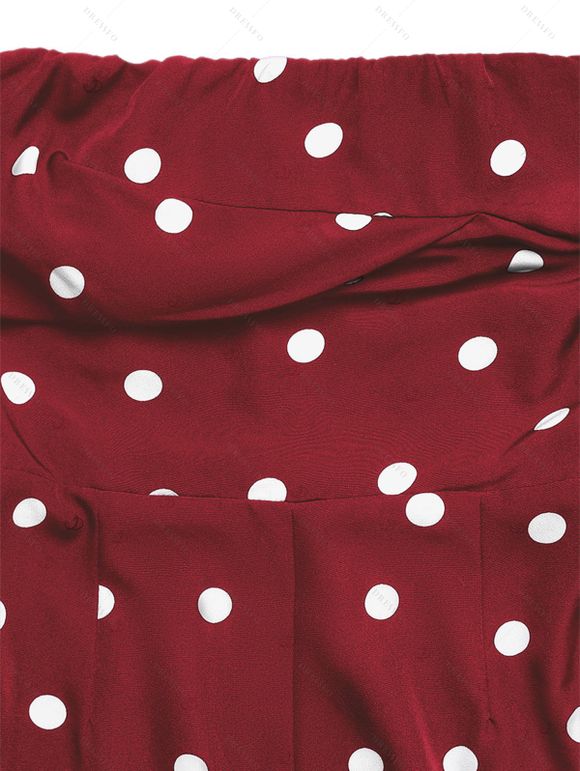 Vintage Vacation Jumpsuit Polka Dots Print Ruched Off the Shoulder Wide Leg Jumpsuit - Rouge Vineux XL | US 12