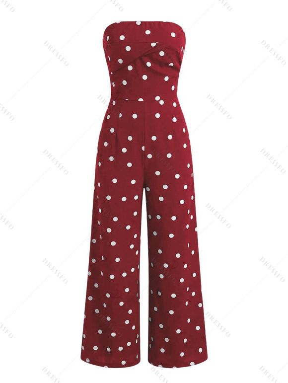 Vintage Vacation Jumpsuit Polka Dots Print Ruched Off the Shoulder Wide Leg Jumpsuit - Rouge Vineux XL | US 12