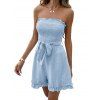 Vacation Romper Solid Color Smocked Ruffle Off the Shoulder Belt Romper - Bleu Poudre M | US 6
