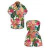Vacation Couple Outfit Vibrant Tropical Floral Leaf Print Pocket Off the Shoulder Romper and Shirt Set - multicolor S | US 4