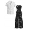 Vintage Vacation Couple Outfit Polka Dots Print Ruched Off the Shoulder Wide Leg Jumpsuit and Geometric Hollow Out Shirt Set - Noir S | US 4