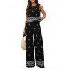 Vintage Vacation Couple Outfit Ethnic Print Tank Top Wide Leg Pants and Geometric Hollow Out Shirt Set - BLACK S | US 4