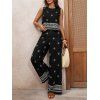 Vintage Vacation Couple Outfit Ethnic Print Tank Top Wide Leg Pants and Geometric Hollow Out Shirt Set - BLACK S | US 4