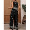 Vintage Vacation Couple Outfit Ethnic Print Tank Top Wide Leg Pants and Geometric Hollow Out Shirt Set - BLACK S | US 4