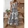 Vacation Couple Outfit Tropical Leaf Print Mock Button Belt Slit Maxi Dress and Geometric Hollow Out Shirt Set - Noir S | US 4