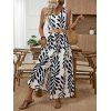 Vacation Couple Outfit Tropical Leaf Print Mock Button Belt Slit Maxi Dress and Geometric Hollow Out Shirt Set - Noir S | US 4