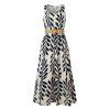 Vacation Couple Outfit Tropical Leaf Print Mock Button Belt Slit Maxi Dress and Geometric Hollow Out Shirt Set - Noir S | US 4