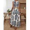 Vacation Couple Outfit Tropical Leaf Print Mock Button Belt Slit Maxi Dress and Geometric Hollow Out Shirt Set - Noir S | US 4