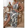 Vacation Couple Outfit Tropical Leaf Print Mock Button Belt Slit Maxi Dress and Geometric Hollow Out Shirt Set - Noir S | US 4