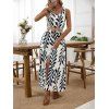 Vacation Couple Outfit Tropical Leaf Print Mock Button Belt Slit Maxi Dress and Geometric Hollow Out Shirt Set - Noir S | US 4