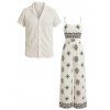 Bohemian Vacation Couple Outfit Ethnic Print Spaghetti Strap Wide Leg Jumpsuit and Textured Knitted Shirt Set - Beige S | US 4