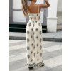 Bohemian Vacation Couple Outfit Ethnic Print Spaghetti Strap Wide Leg Jumpsuit and Textured Knitted Shirt Set - Beige S | US 4