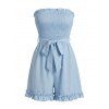 Vacation Couple Outfit Solid Color Smocked Ruffle Off the Shoulder Belt Romper and Tropical Botanical Leaf Print Shirt Set - Bleu Poudre S | US 4
