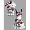 Independence Day Couple Outfit American Flag Eagle Statue of Liberty 250th Anniversary Print Ruched Bust Dress and Shirt Patriotic Set - Blanc S | US 4