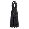 Vintage Vacation Dress Polka Dots Print Open Back Maxi Retro Halter Dress - Noir XL | US 12
