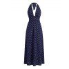 Vintage Vacation Dress Polka Dots Print Open Back Maxi Retro Halter Dress - Bleu profond XL | US 12
