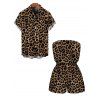 Vacation Couple Outfit Leopard Pattern Pocket Off the Shoulder Romper and Roll Up Sleeve Shirt Set - marron foncé S | US 4