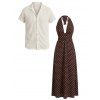 Vintage Vacation Couple Outfit Polka Dots Print Open Back Maxi Halter Dress and Textured Shirt Set - multicolor S | US 4