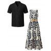 Vacation Couple Outfit Tropical Leaf Print Mock Button Belt Slit Maxi Dress and Geometric Hollow Out Shirt Set - Noir S | US 4