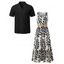 Vacation Couple Outfit Tropical Leaf Print Mock Button Belt Slit Maxi Dress and Geometric Hollow Out Shirt Set - Noir S | US 4