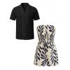 Vacation Couple Outfit Leaf Silhouette Print Smocked Tied Off the Shoulder Romper and Geometric Hollow Out Shirt Set - Noir S | US 4