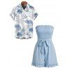 Vacation Couple Outfit Solid Color Smocked Ruffle Off the Shoulder Belt Romper and Tropical Botanical Leaf Print Shirt Set - Bleu Poudre S | US 4