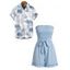 Vacation Couple Outfit Solid Color Smocked Ruffle Off the Shoulder Belt Romper and Tropical Botanical Leaf Print Shirt Set - Bleu Poudre S | US 4