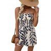 Fresh Style Vacation Romper Leaf Silhouette Print Smocked Tied Mock Button Off the Shoulder Romper - Beige XL | US 10